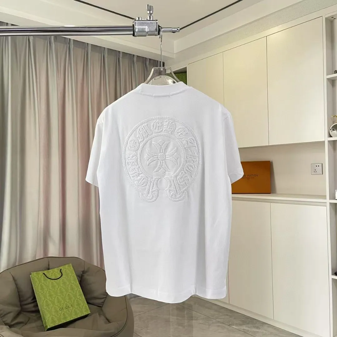 🅿️200 ch Crow* 2025 spring and summer new style Sanskrit horseshoe cross cross vacuum embroidery short-sleeved t-shirt custom fabric 300g same style for men and women Size: S M L XL XXL Five codes Color: black white